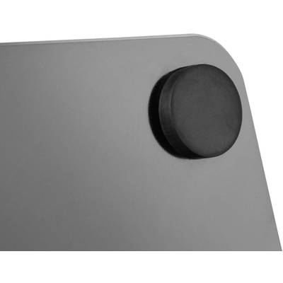 Eine runde, schwarze Magnettafelhalterung auf einer grauen magnetischen Fläche.