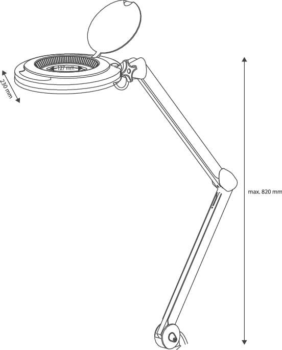 Ein Strichdiagramm zeigt eine verstellbare Schreibtischlampe mit zwei Gliedern und einem runden Leuchtkopf.