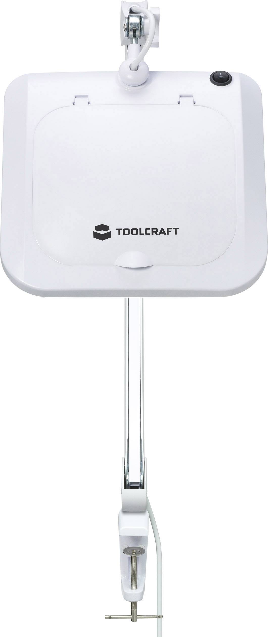 Ein weißer Zubehörhalter von TOOLCRAFT, montierbar mit einer Schraubzwinge. Ideal für Licht oder Lupen.