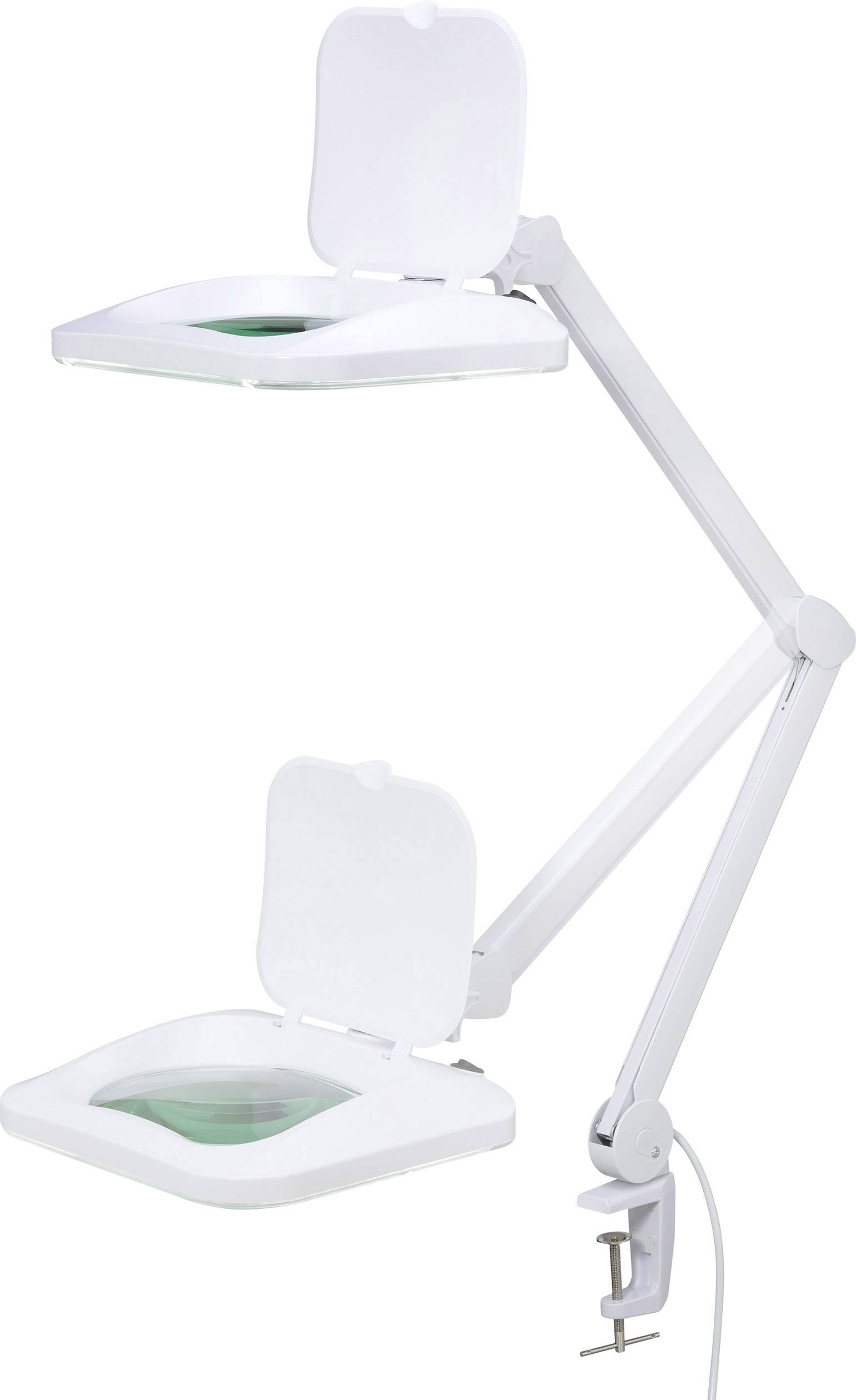 Eine weiße, verstellbare Schreibtischlampe mit zwei Lupenaufsätzen, die an einem Schreibtisch befestigt ist. Ideal für präzise Arbeiten.