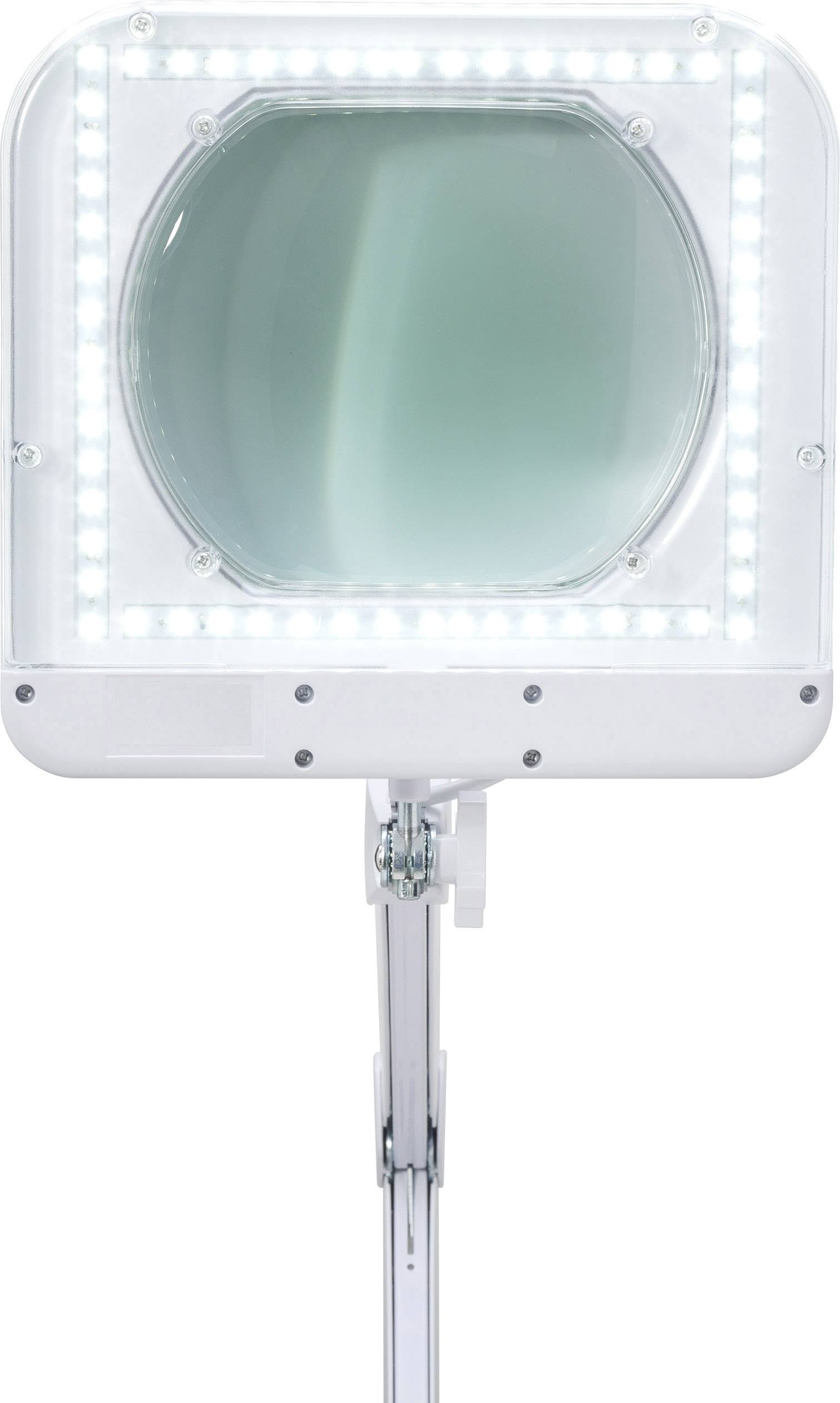 Lupenlampe mit LED-Licht auf einem verstellbaren Ständer, geeignet für präzises Arbeiten in Werkstätten oder Labors.