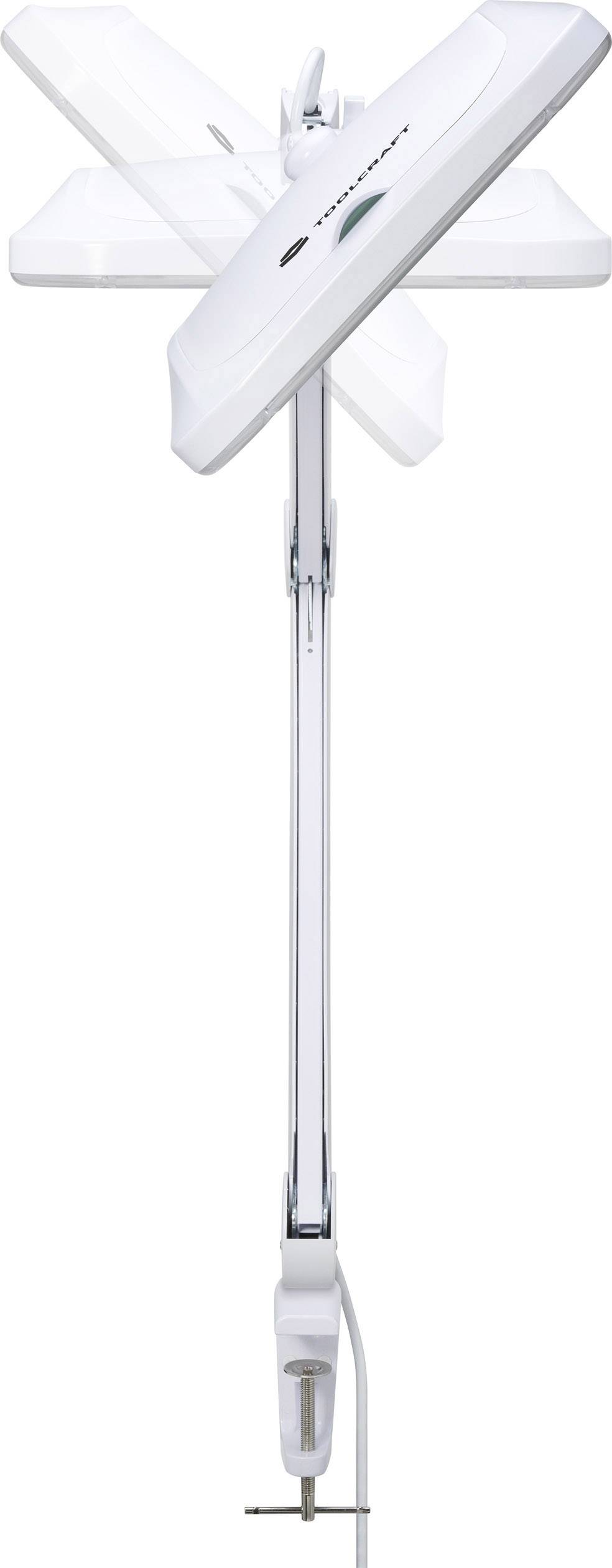 Ein weißes, verstellbares Deckenlicht mit einem flexiblen Arm und einem Dimmer, geeignet zur Beleuchtung eines Arbeitsbereichs.