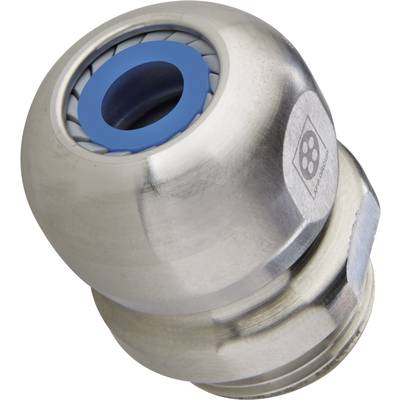 Nahaufnahme eines Metallkabelverschraubungssystems mit blauem Dichtungsring und sechseckigem Schraubteil, geeignet für industrielle Anwendungen.