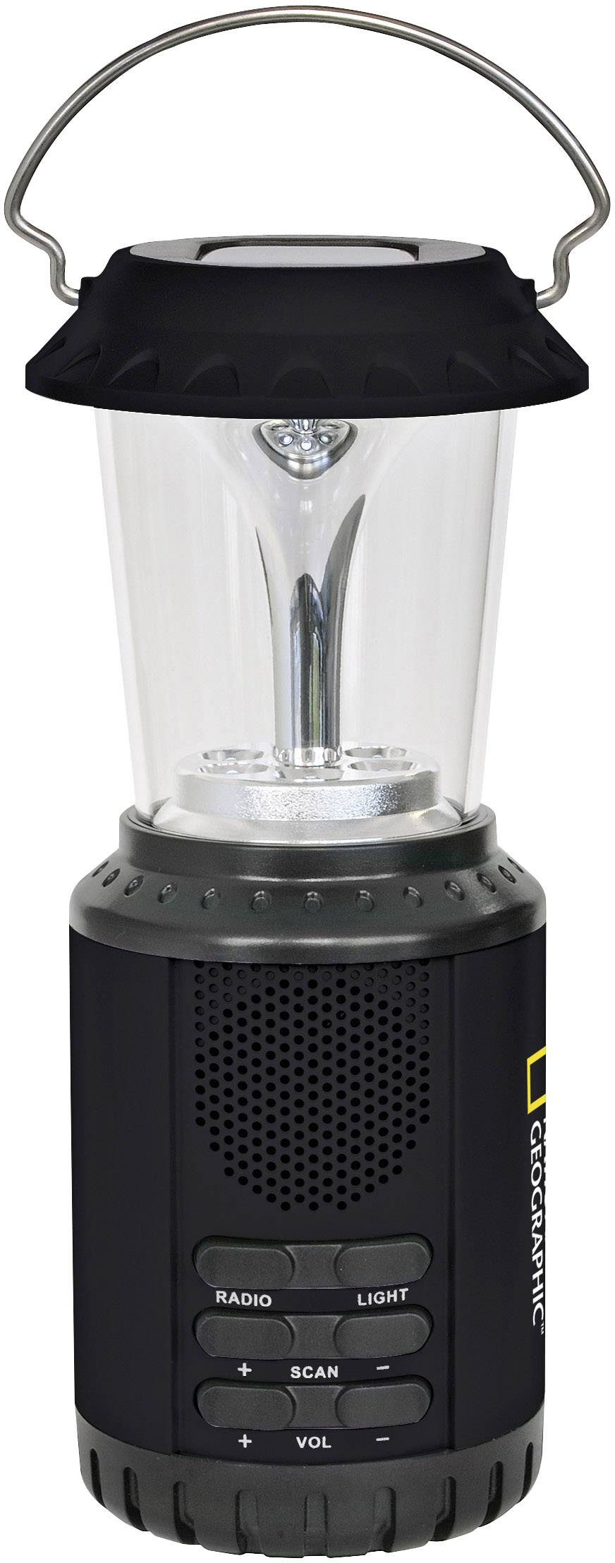 Schwarze Campinglaterne mit integriertem Radio und Bedienelementen für Lautstärke, Scan, Radio und Licht.
