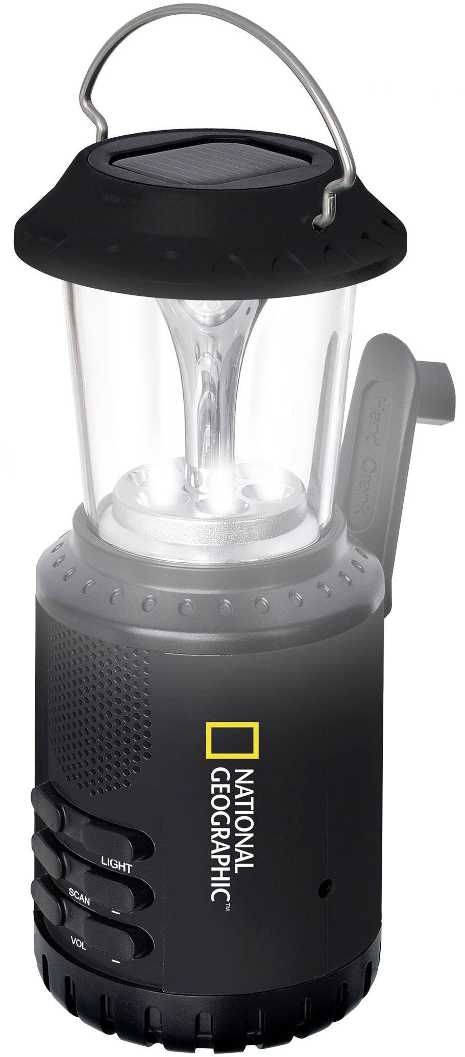 Schwarze Campinglampe mit Solarzellen, Markenlogo 'National Geographic'. Enthält Lichtregler und Tragegriff. Ideal für Outdoor-Aktivitäten.