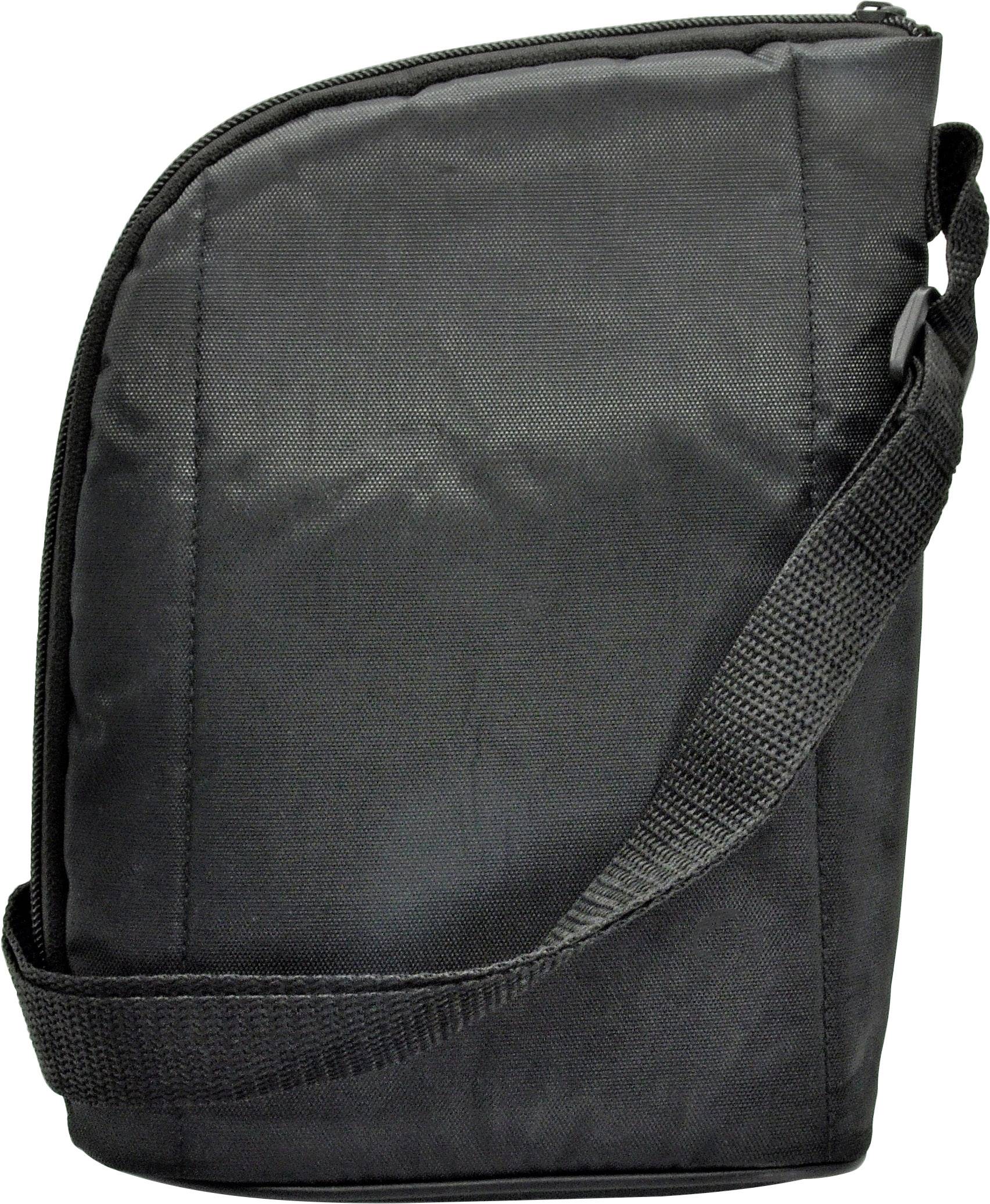 Schwarz-schwarze Tragetasche aus Stoff mit einem verstellbaren Schulterriemen und einem Reißverschluss oben, seitliche Ansicht.