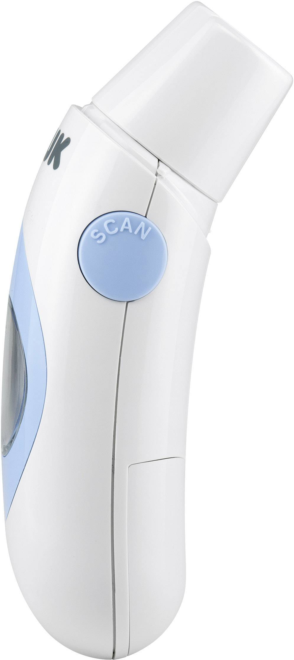 Ein digitales Ohrthermometer mit blauem 'SCAN'-Knopf, gebogenem Design und leicht angewinkelter Messspitze.