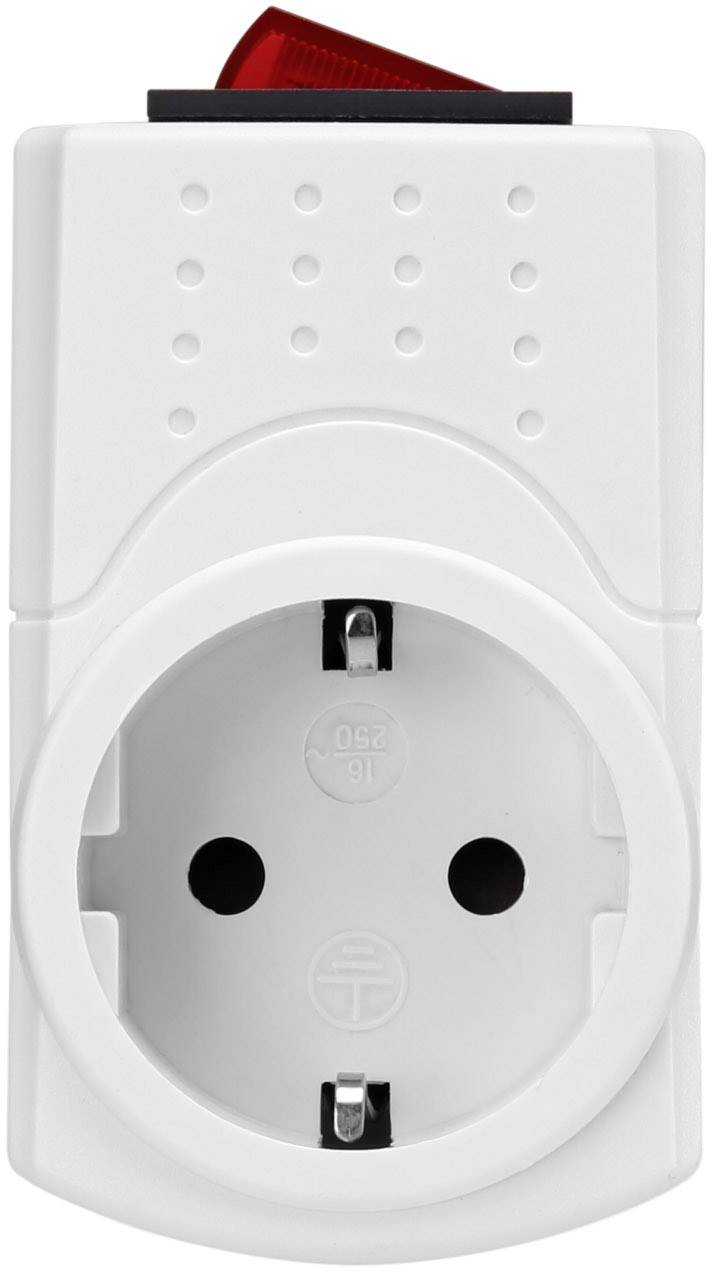 Weiße Steckdose mit Schalter, geeignet für europäische Stecker, mit rotem Kippschalter oben.