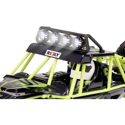 Spielzeugauto im Offroad-Design mit LED-Lichtern auf dem Dach. Fahrerfigur im Inneren, das Auto hat gelb-schwarze Verstrebungen.
