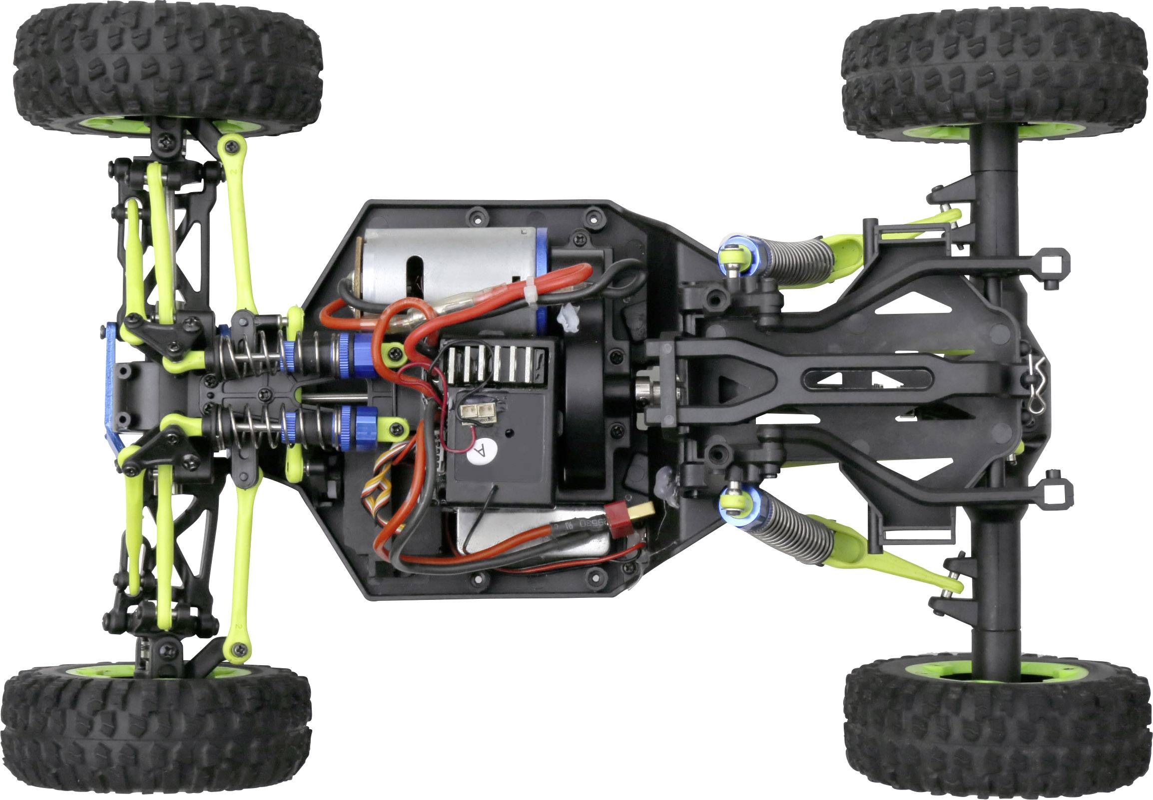 Ferngesteuertes Auto-Chassis von oben, zeigt Motor, Stoßdämpfer und Kabeldetails.