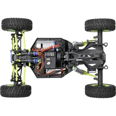 Ferngesteuertes Auto-Chassis von oben, zeigt Motor, Stoßdämpfer und Kabeldetails.