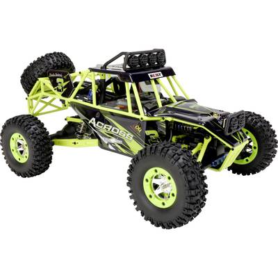 Ferngesteuertes Auto im Offroad-Stil, schwarz und grün, mit großen Reifen und Schutzkäfig, geeignet für unebenes Gelände.