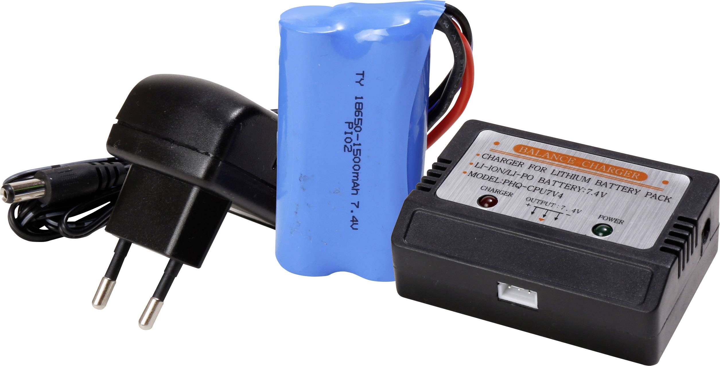 'Ladegerät und blauer Lithium-Ionen-Akku mit Aufschrift '7,4V 6000mAh'. Schwarzes Netzteil mit Kabel und Stecker.'