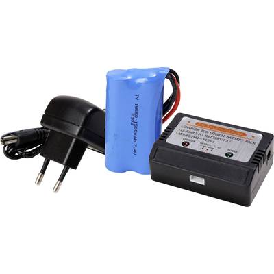 'Ladegerät und blauer Lithium-Ionen-Akku mit Aufschrift '7,4V 6000mAh'. Schwarzes Netzteil mit Kabel und Stecker.'