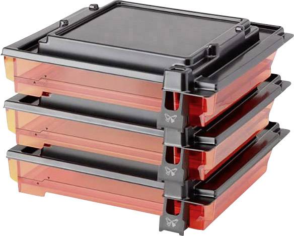 Mehrere stapelbare Behälter mit schwarzen Deckeln und durchsichtigen roten Seiten, geeignet für die Organisation oder Lagerung.