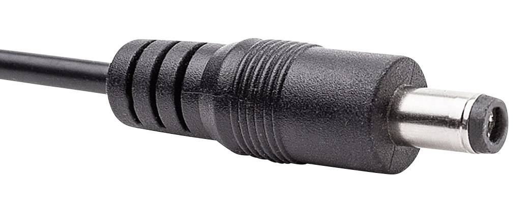Ein schwarzer DC-Stecker mit geriffeltem Griff, ausgelegt für die Stromversorgung von elektronischen Geräten.