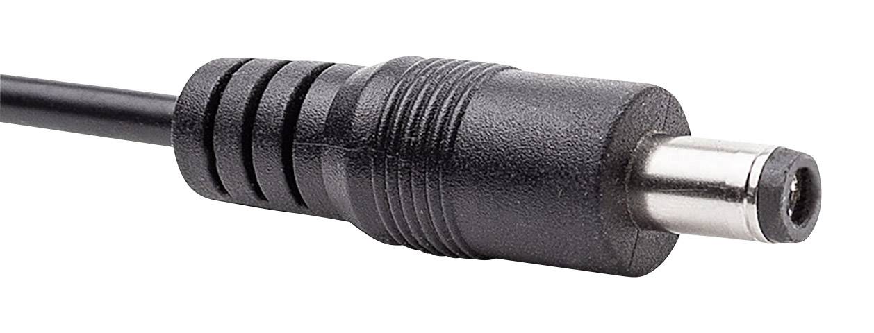 Ein schwarzer DC-Netzteilstecker mit Kabel. Er hat einen zylindrischen Metallkontakt an der Spitze und geriffelte Griffflächen am Gehäuse.