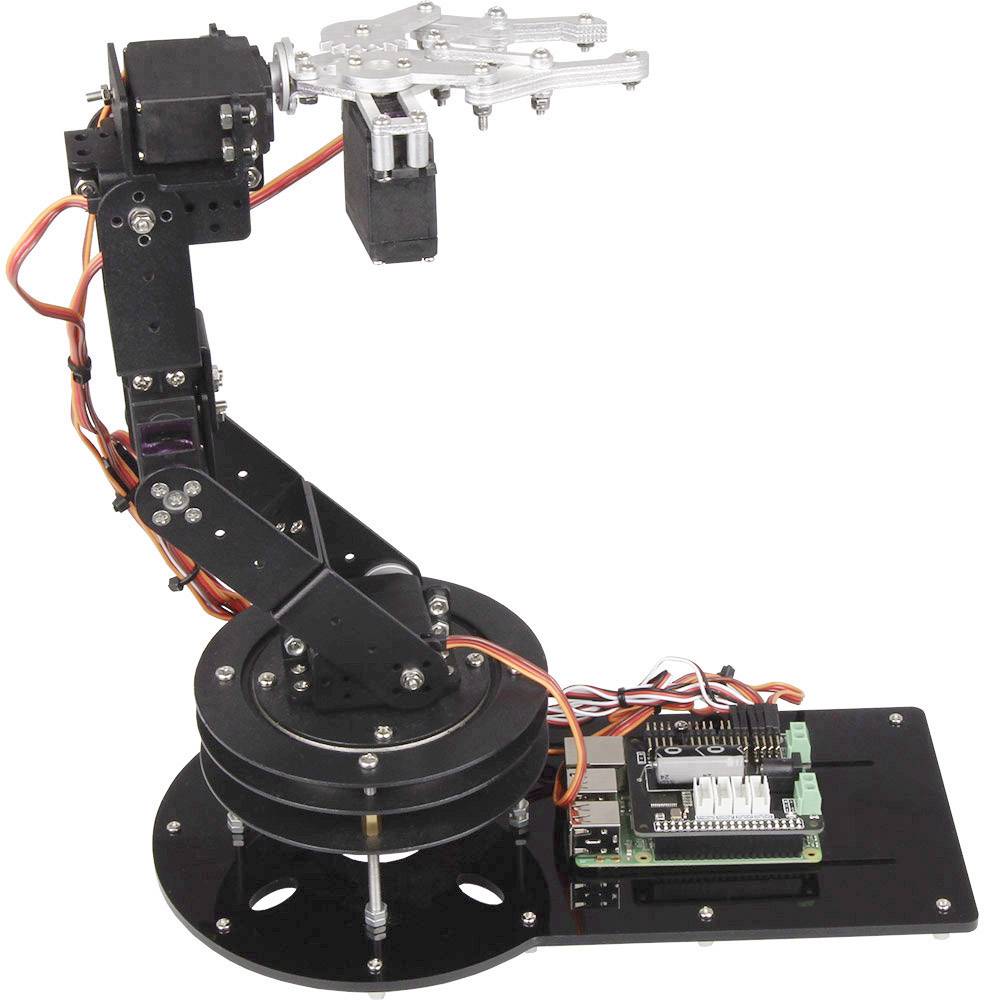 Roboterarm mit mechanischem Greifer, montiert auf rotierender Basis, Steuerplatine an der Seite, Kabelverbindungen sichtbar.