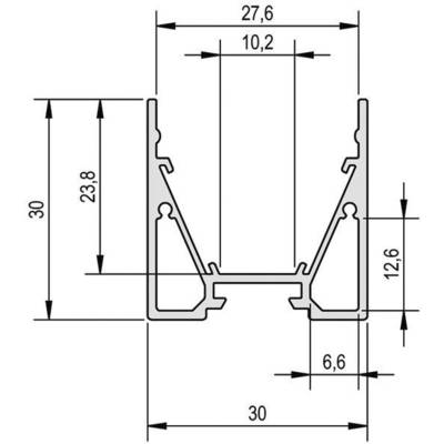 Technische Zeichnung eines rechteckigen Profils mit Maßen. Breite: 30 mm, Höhe: 30 mm, Innenmaße und Stärken sind detailliert angegeben.