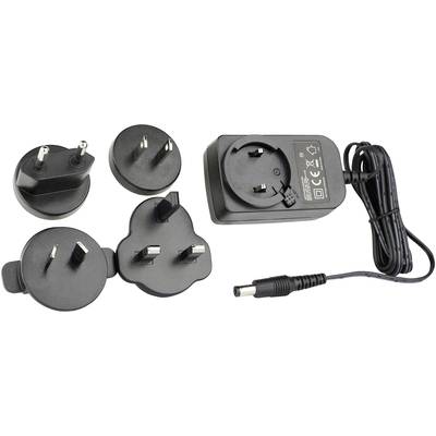Verschiedene austauschbare Steckdosenadapter und ein Netzteil mit Kabel, geeignet für den internationalen Einsatz.