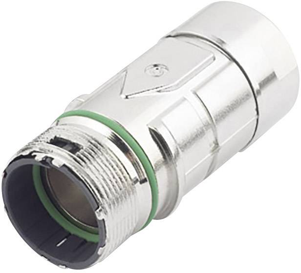 Ein metallener F-Stecker für Koaxialkabel, zylindrisch geformt, mit grünem Dichtungsring und geriffelter Oberfläche zur besseren Handhabung.