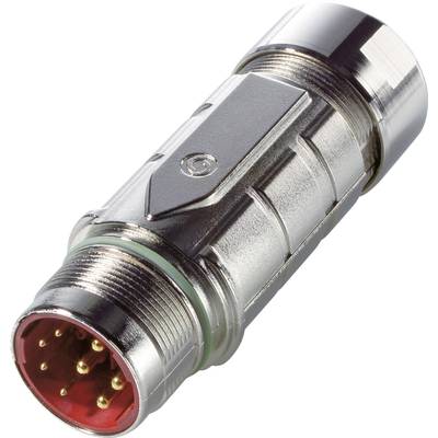 Ein silberner, metallischer Rundstecker mit mehreren goldfarbenen Pins an einem Ende und einem robusten, zylindrischen Gehäuse.