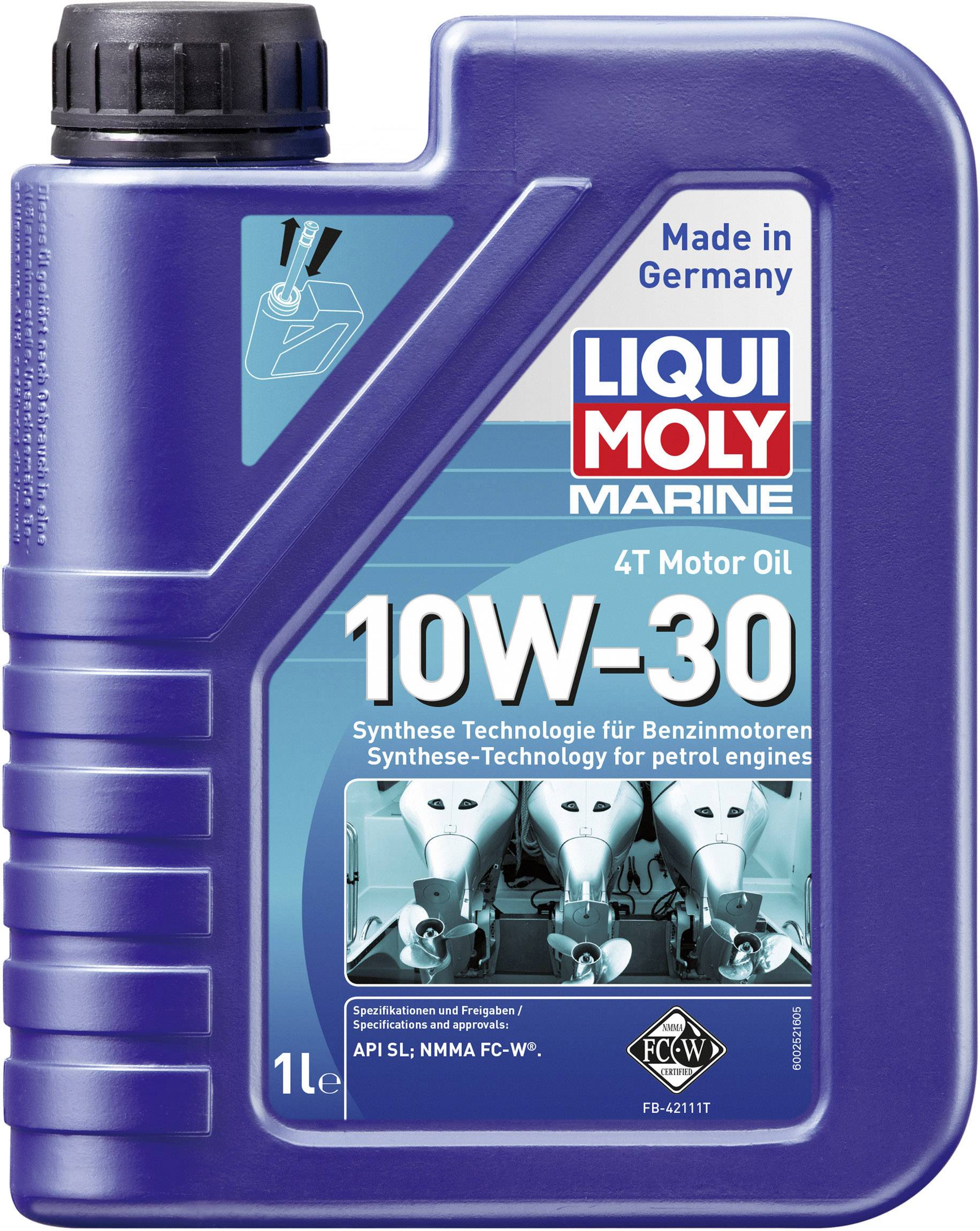 Motoröl-Flasche mit Aufschrift '10W-30, Synthese-Technologie', 1 Liter. Hergestellt in Deutschland von Liqui Moly Marine. Geeignet für Benzinmotoren.