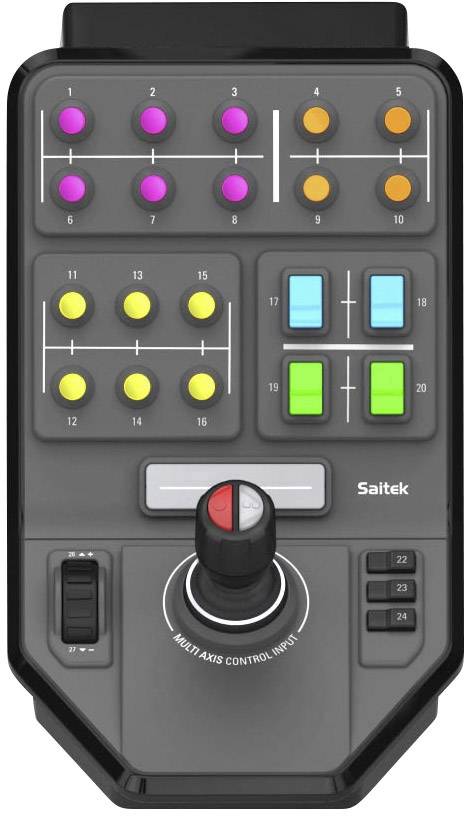 Steuerkonsole mit 12 farbigen Tasten, vier Schaltern und Hebeln sowie einem Drehknopf, von Saitek; verwendet für Simulationen.