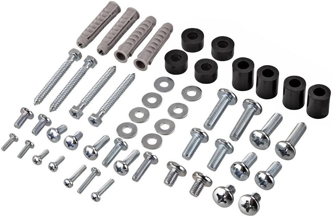 Ein Set aus verschiedenen Schrauben, Muttern, Unterlegscheiben und Dübeln in unterschiedlichen Größen, angeordnet auf einem weißen Hintergrund.