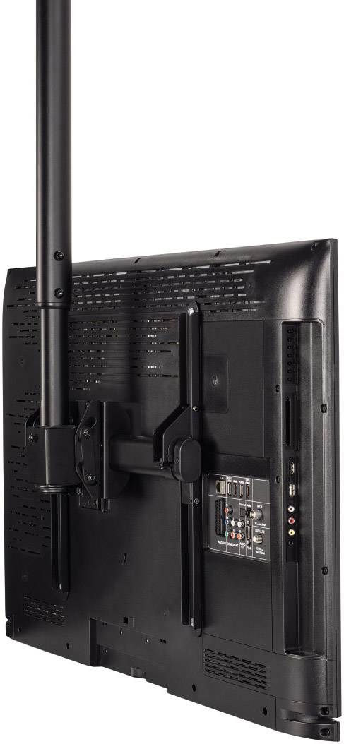 Rückansicht eines montierten Fernsehers, an einer Halterung befestigt, zeigt Anschlussbuchsen auf der rechten Seite des Geräts.