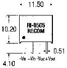 'Schaltplan eines RECOM-Wandlers mit Abmessungen: 11,50 mm Breite, 10,20 mm Höhe, 4,10 mm Tiefe. Anschlussbelegung: +Vin, -Vin, +Vout, -Vout.'
