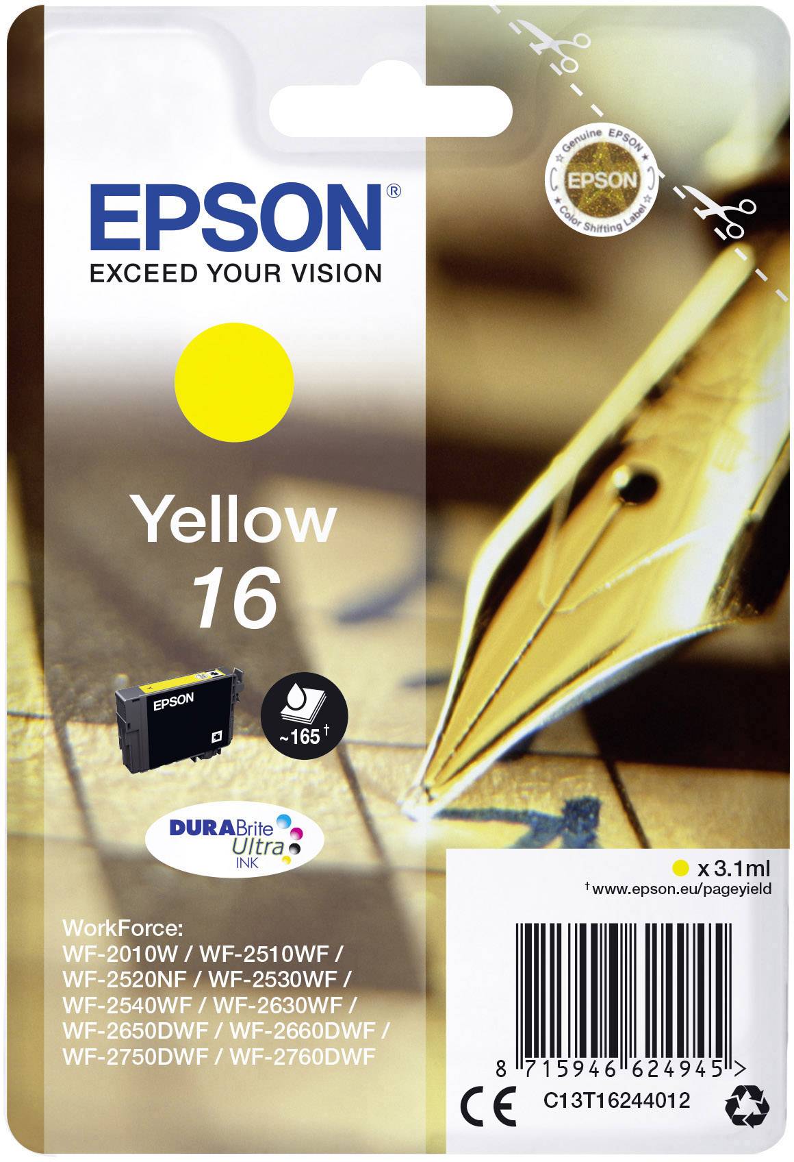 'Epson Yellow 16' Tintenpatrone, geeignet für verschiedene WorkForce Druckermodelle. Foto eines goldenen Füllfederhalters im Hintergrund.