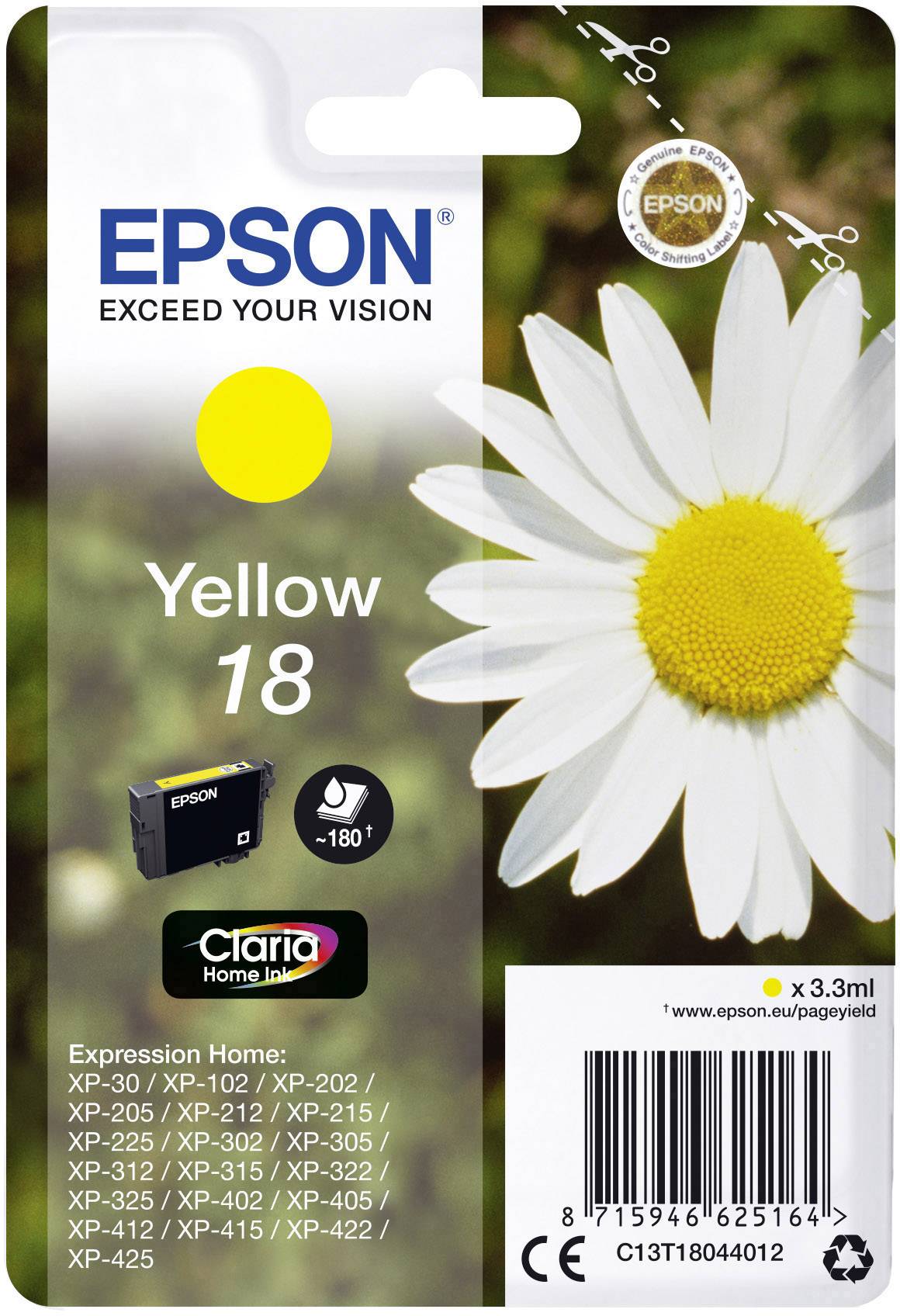 Original Epson 18 T1804  Tintenpatrone Yellow/ 8715946625164/ Expression Home 