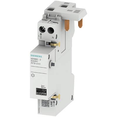 Ein grauer Siemens-Schalter '5SM601-2 SIARC AFD unit', mit Einschalthebel und Testknopf, dient zur elektrischen Absicherung.