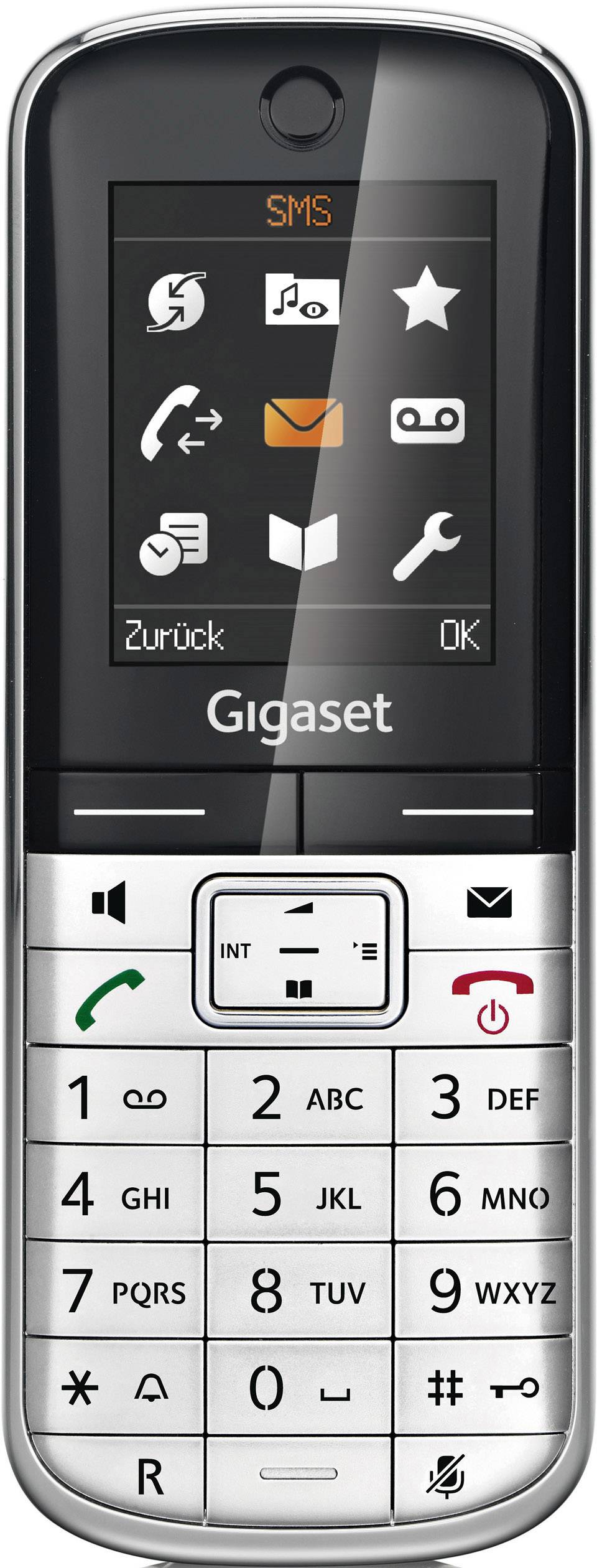 Ein einfaches Mobiltelefon mit typischer Tastatur. Auf dem Bildschirm sind Symbole für SMS, Kontakte und Einstellungen sichtbar.