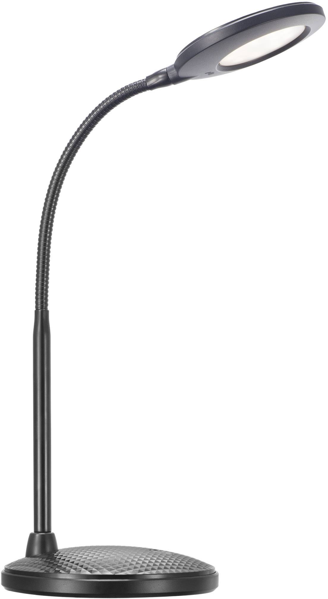 Schwarze Tischlampe mit flexiblem Hals und rundem Lampenkopf, geeignet für direkten und fokussierten Lichtstrahl auf Arbeitsflächen.