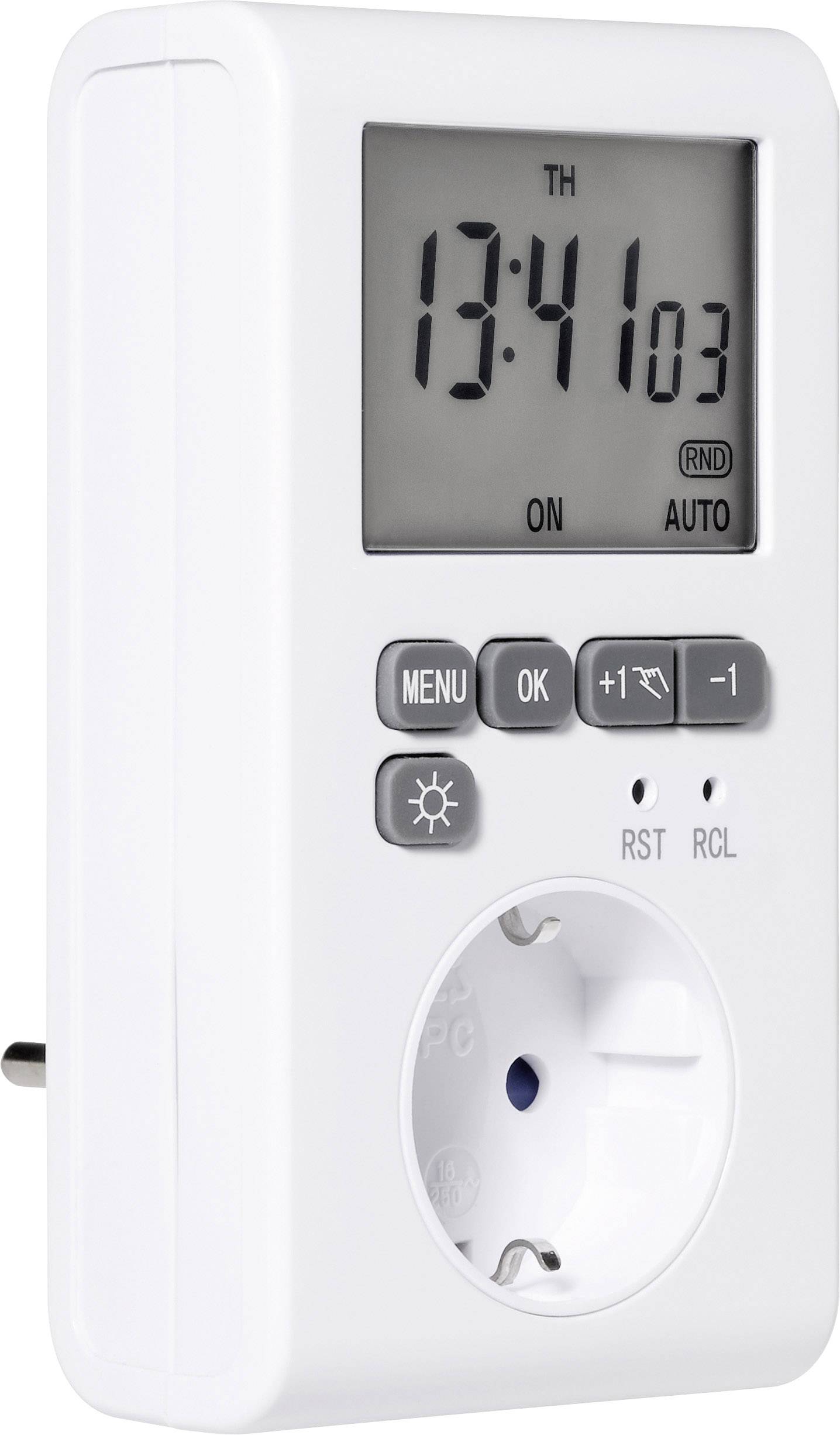 Digitale Zeitschaltuhr in Weiß. Display zeigt '13:41' und 'DO'. Knöpfe für Menü, OK und Einstellungen. Steckdose unten.