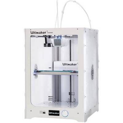 Ein 3D-Drucker in einem weißen Gehäuse mit offenem Sichtfenster zeigt die Druckplattform und Düsen. Markenname 'Ultimaker 3' sichtbar.