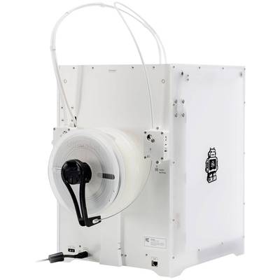 Ein weißer 3D-Drucker mit einer Filamentspule an der Seite, Kabel oben und ein Roboter-Logo an der Seite.