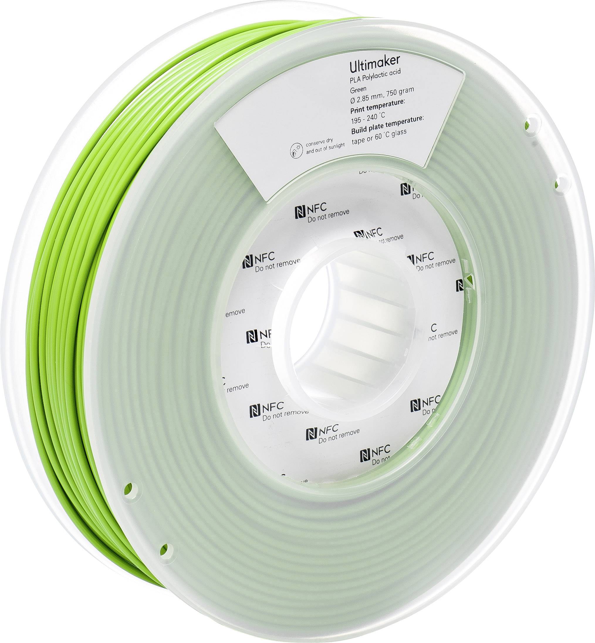 Grüne PLA-Filamentrolle von Ultimaker für 3D-Drucker, 2,85 mm Durchmesser, 750g, mit Etikett: 'Ultimaker, PLA-Filament, 2,85 mm'.