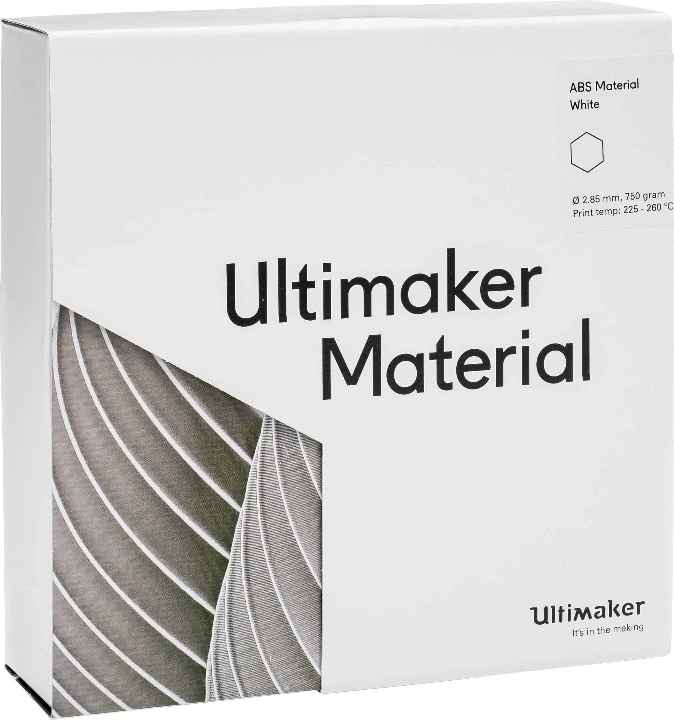 Verpackung für Ultimaker-Material, weißes ABS, 2,85 mm, 750 g. Drucktemperatur: 225–250 °C. Markenlogo unten rechts.