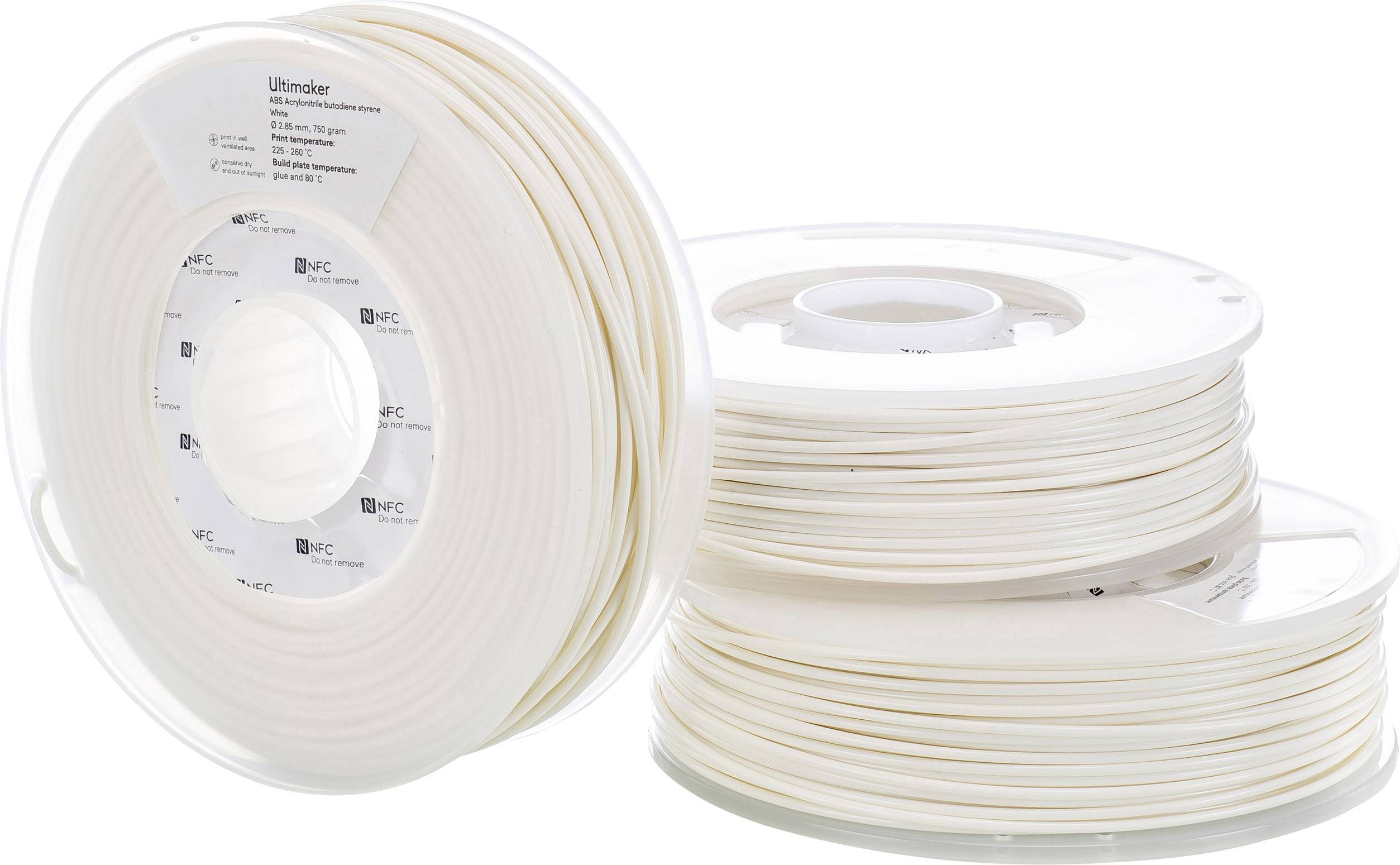 Zwei Rollen mit weißem 3D-Druckerfilament, eine stehend und eine liegend, auf weißem Hintergrund.