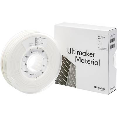 Eine weiße Rolle ABS-Druckmaterial von Ultimaker, neben der passenden Verpackung. Geeignet für Temperaturen von 220-250°C.