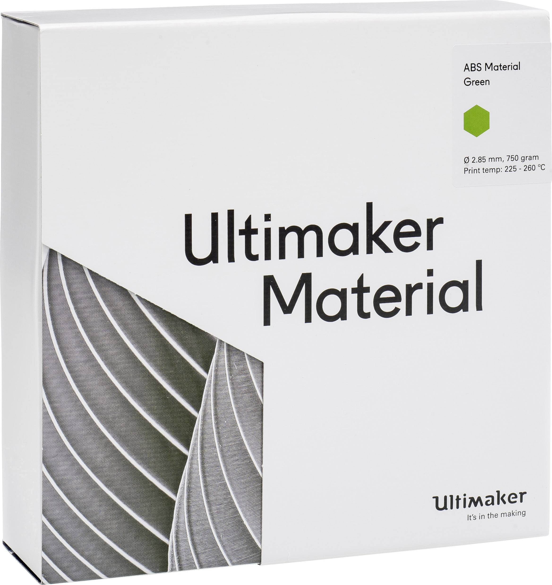 Ultimaker Material Box. Enthält ABS-Material in Grün. Geeignet für 3D-Drucker mit einer Temperatur von 225-260°C.