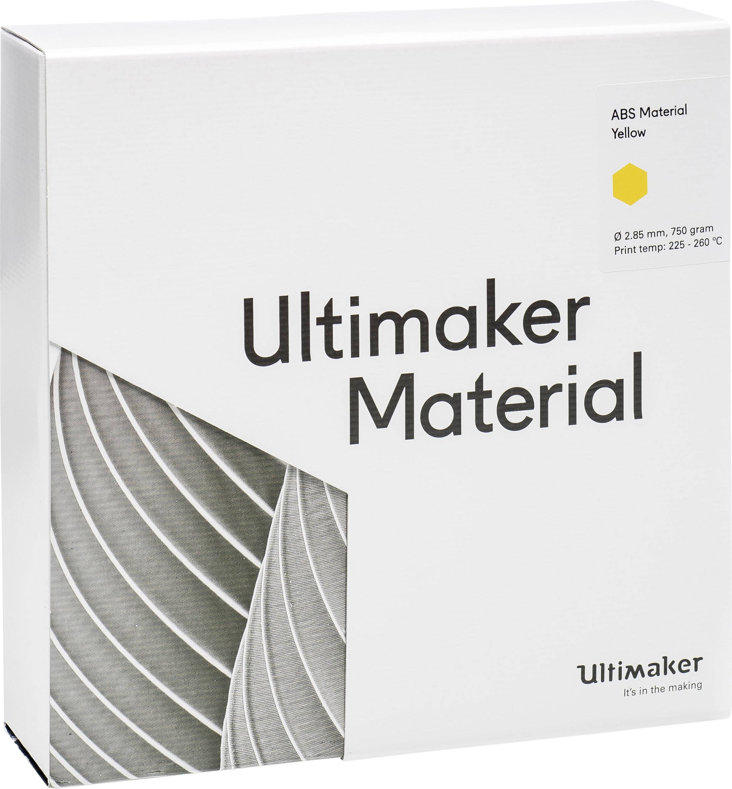 Ultimaker Material Verpackung in Gelb für 3D-Drucker, 2,85 mm, 750 Gramm, Drucktemperatur 225-260°C.