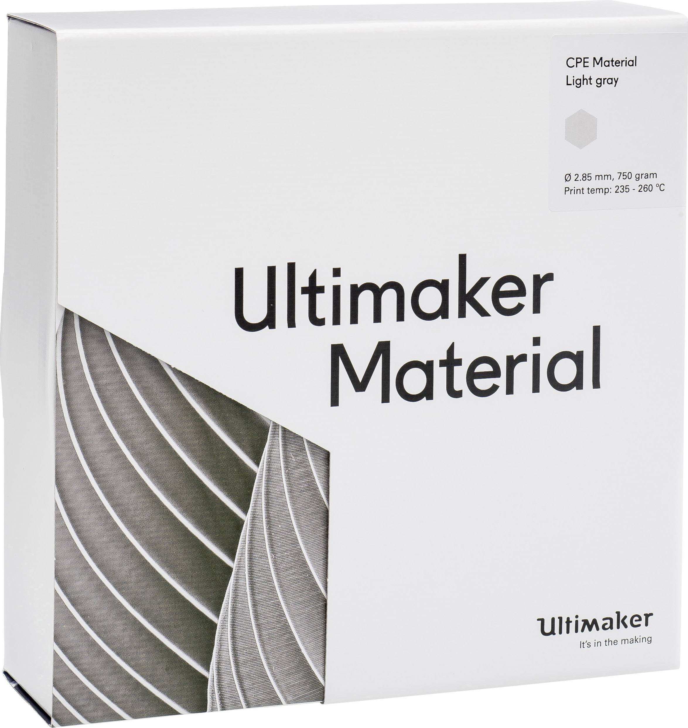 Eine Verpackung von 'Ultimaker Material' in Hellgrau. Enthält CPE-Filament mit einem Durchmesser von 2,85 mm, 750 Gramm. Empfohlene Drucktemperatur: 235–260 °C.