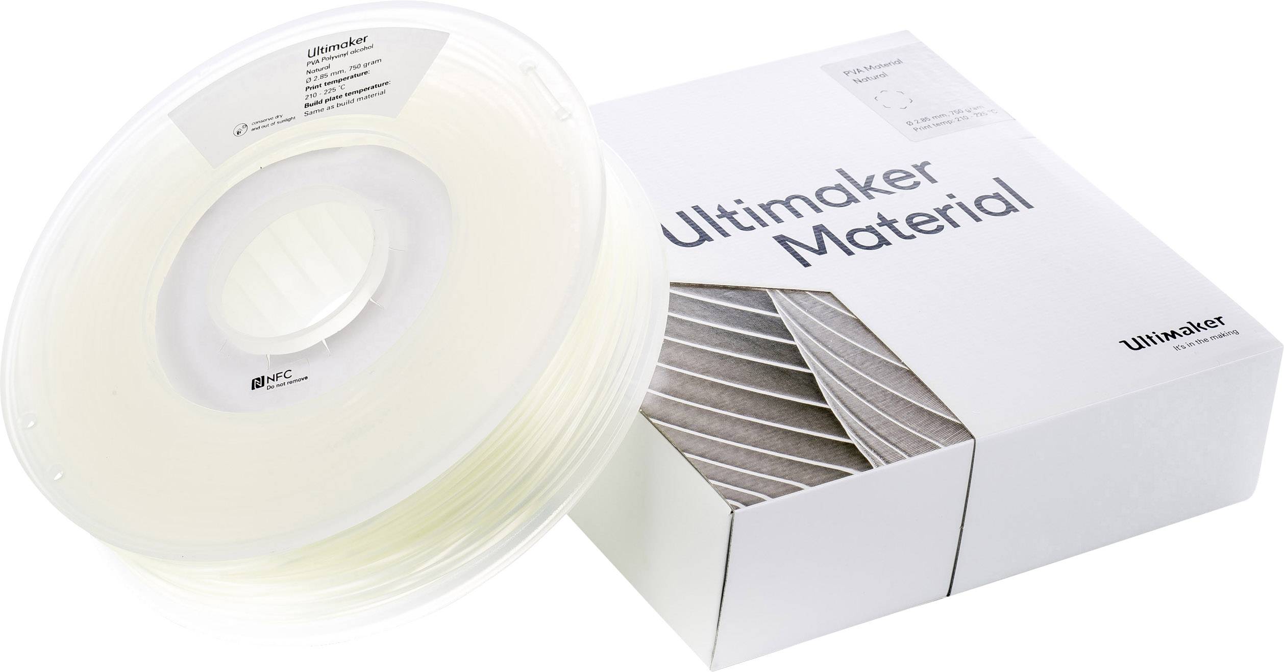 Ein Ultimaker-Filament in der Verpackung, bereit zur Nutzung im 3D-Drucker. Die Spule ist transparent und die Verpackung weiß.