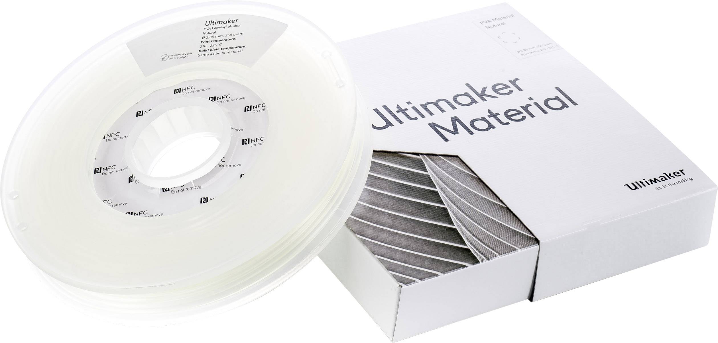 Rolle mit weißem Filament neben einer Ultimaker Materialbox; Verpackung zeigt ein gedrucktes Modell, symbolisiert 3D-Druckbedarf.