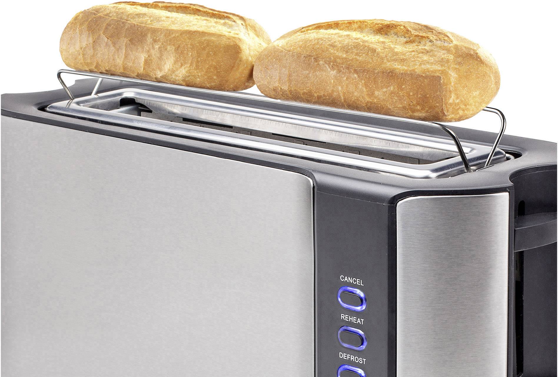 Ein Toaster mit zwei ungetoasteten Baguettebrötchen auf dem Rost, zeigt die Funktionen 'Cancel', 'Reheat' und 'Defrost'.
