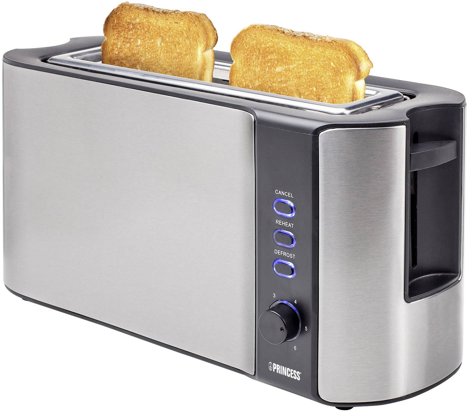 Toaster mit zwei gerösteten Brotscheiben oben, silbernes Gehäuse, schwarze Bedienelemente: Abbruch, Aufwärmen, Auftauen.